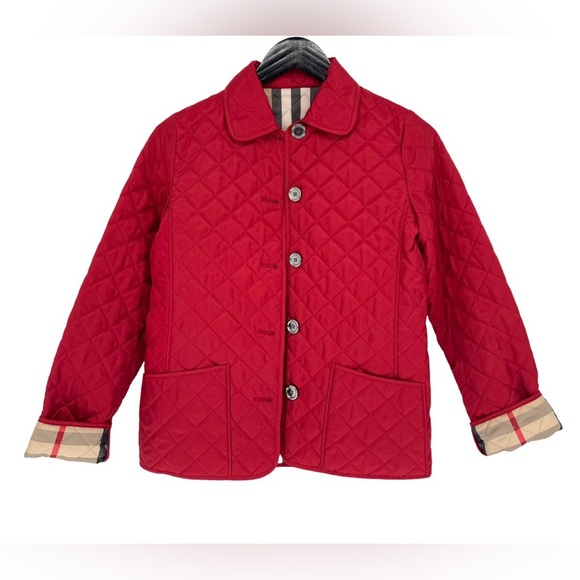 Burberry Girls 12Y Quilted Barn Jacket Cherry Red Classic Nova Check Chore Coat - Picture 1 of 7